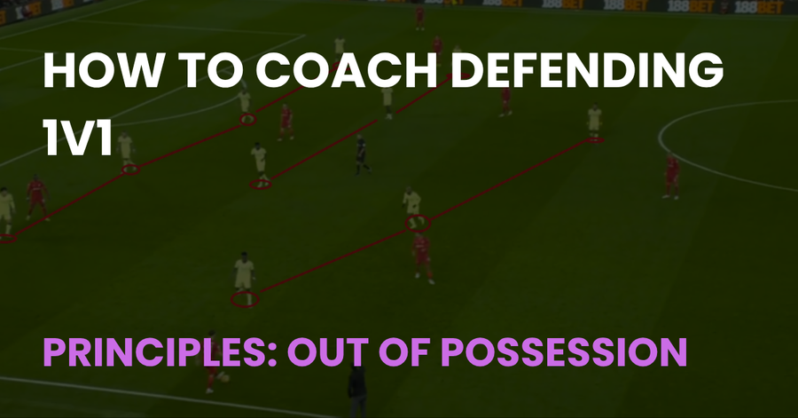 How to Coach Defending 1v1, Coach Notes article cover showing a defensive shape on a football pitch