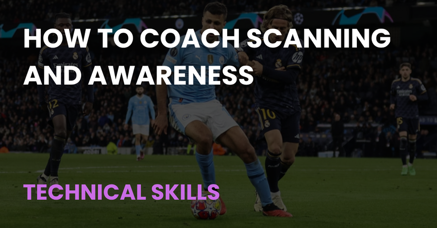 How to Coach Scanning and Awareness article cover, midfielder shielding the ball under pressure