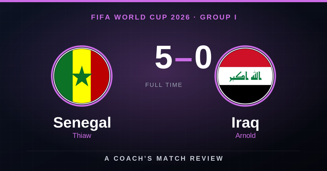 Senegal 5-0 Iraq final score graphic with national flags
