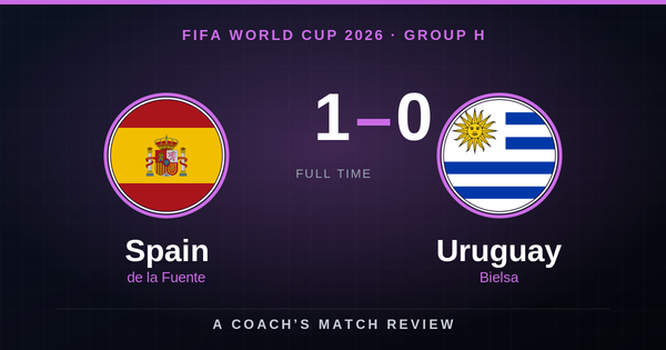 Spain 1-0 Uruguay final score graphic with national flags