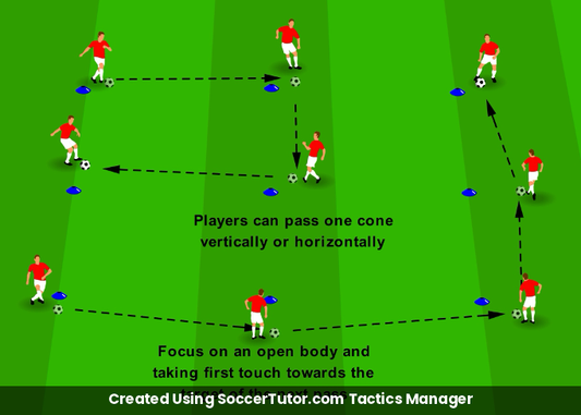 First Touch Multi Ball Chaos drill diagram. Created Using SoccerTutor.com Tactics Manager